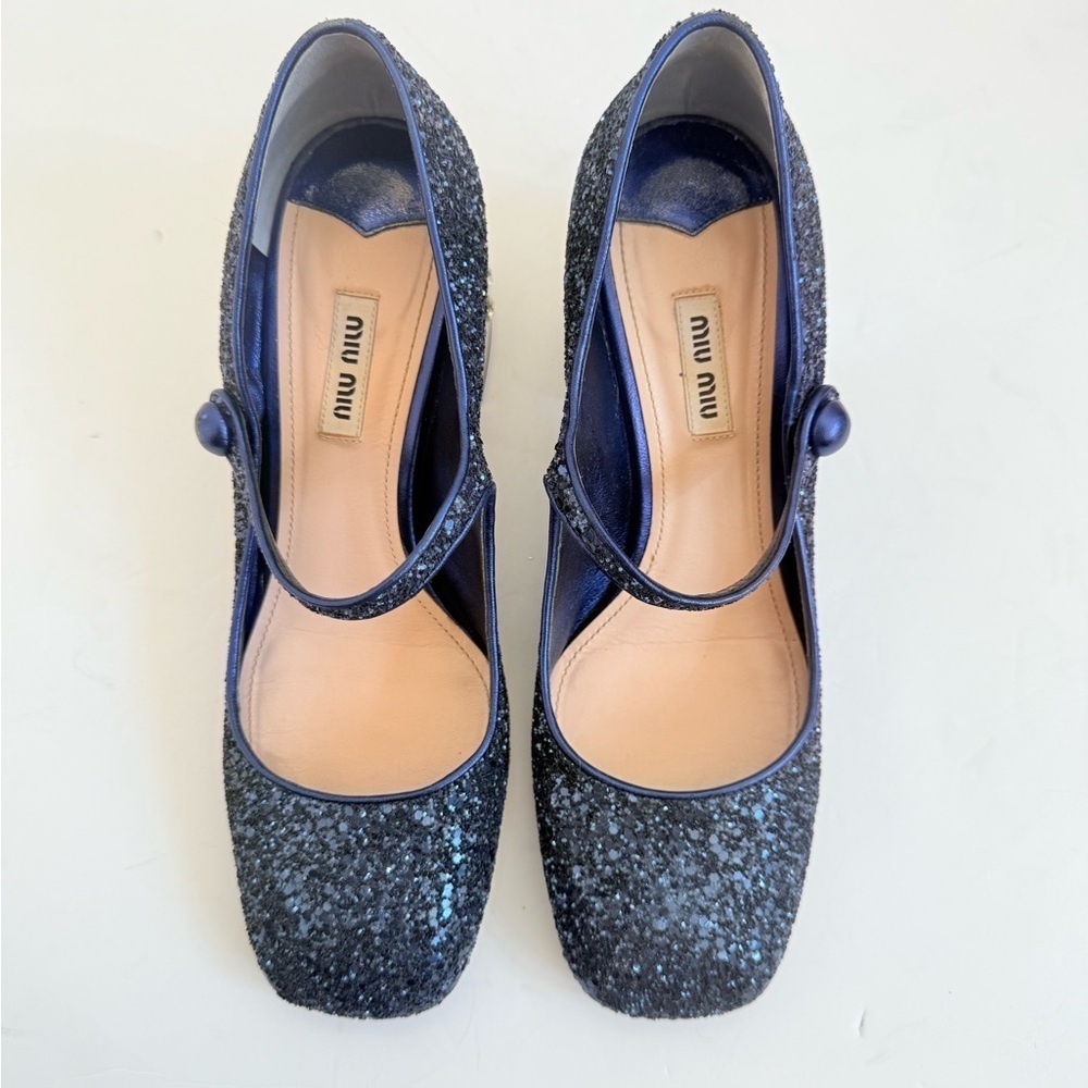 Miu Miu Midnight Blue Glitter Rhinestone embellished Mary Jane Pumps EU 38.5 - Picture 2 of 11